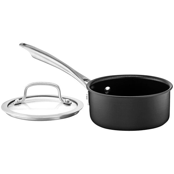 A black Cuisinart saucepan with a white lid.