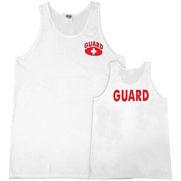 Two white Kemp USA tank tops with red "Guard" logos.