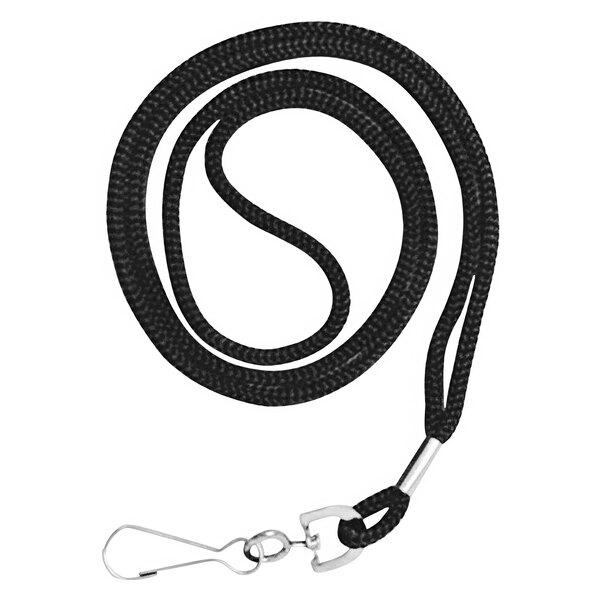 A black rope lanyard with a metal hook.