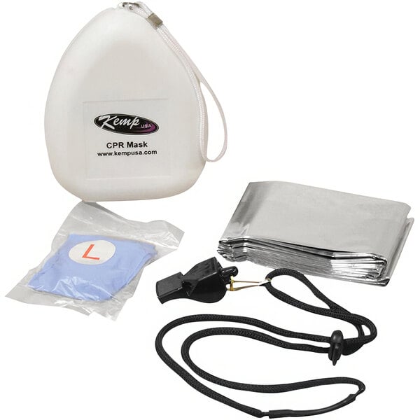 A white Kemp USA lifeguard essentials supply pack with a black pouch and small bag inside, containing a CPR mask and a whistle.