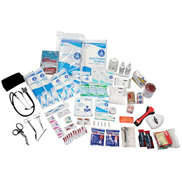 A group of Kemp USA first aid supplies including a pair of black-handled scissors.