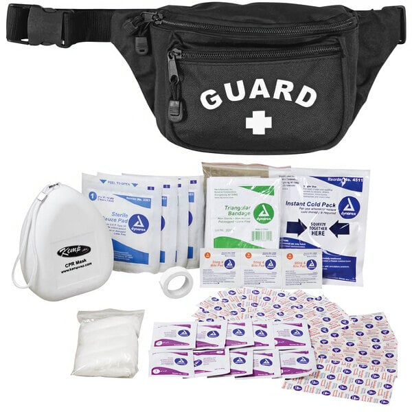 A black waist bag with a white cross on it filled with a first aid kit.