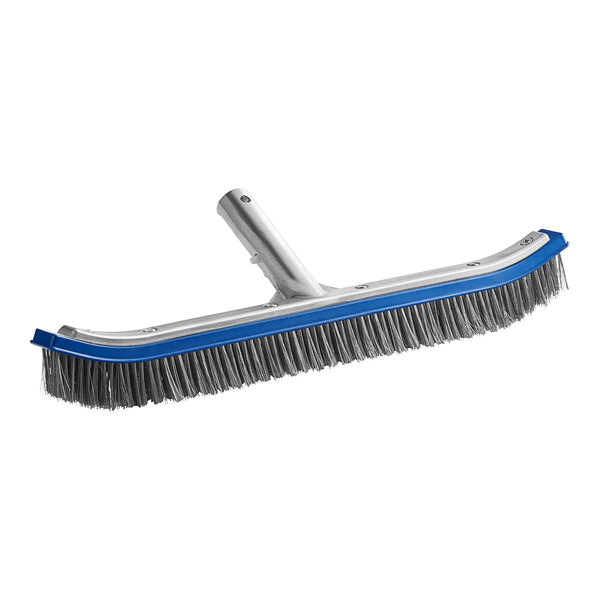 A close-up of a blue and silver Kemp USA pool brush with stainless steel bristles.