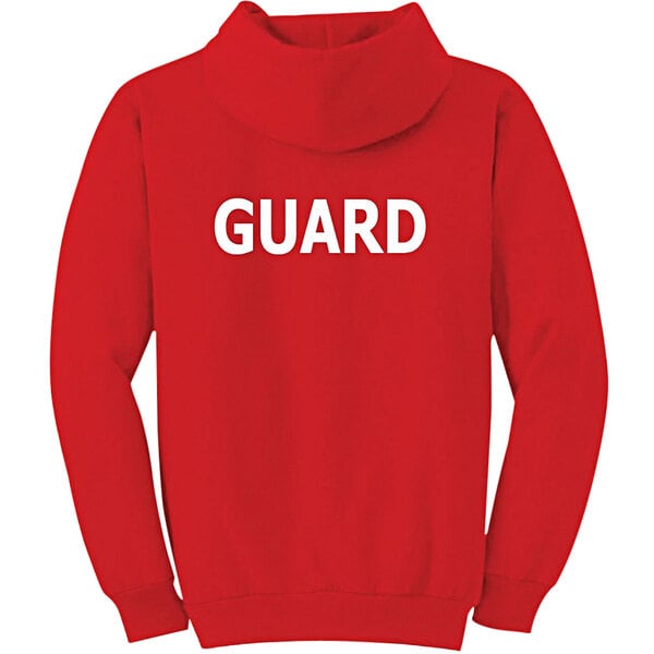 A red sweatshirt with white "Guard" text on the front and back.
