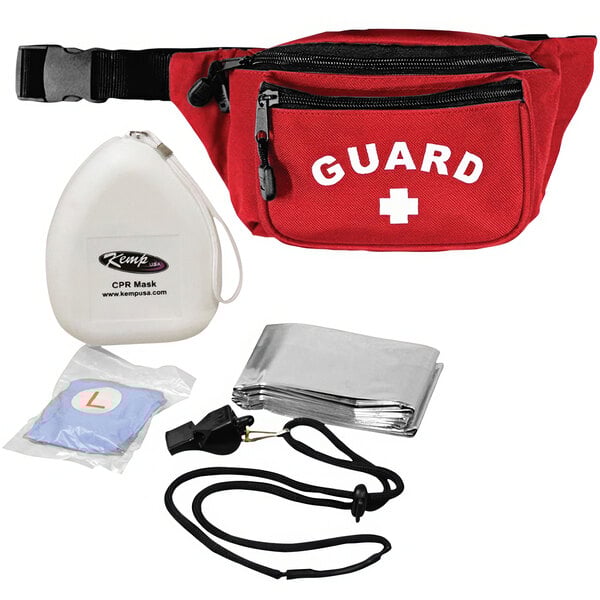 A red waist bag with a white cross on it.