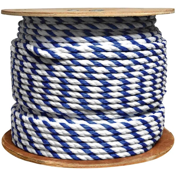 A spool of Kemp USA royal blue and white polypropylene rope.