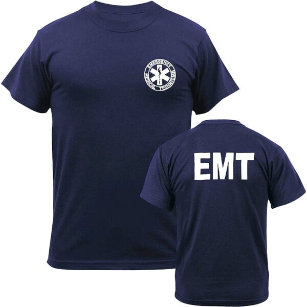 The back of a navy blue Kemp USA EMT T-shirt with white text that says "EMT"