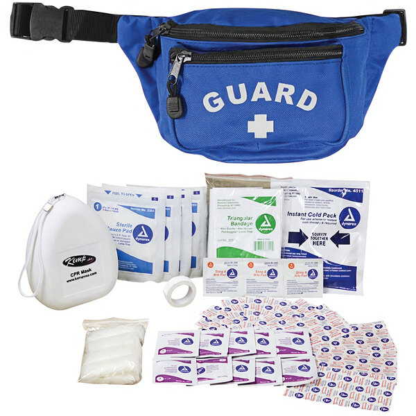 A Royal Blue waist bag with a First Aid Kit and a white cross on it.