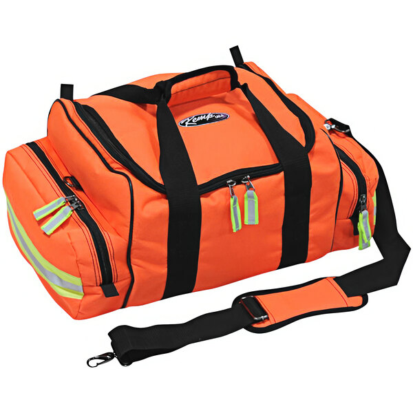 An orange duffel bag with straps and reflective stripes.