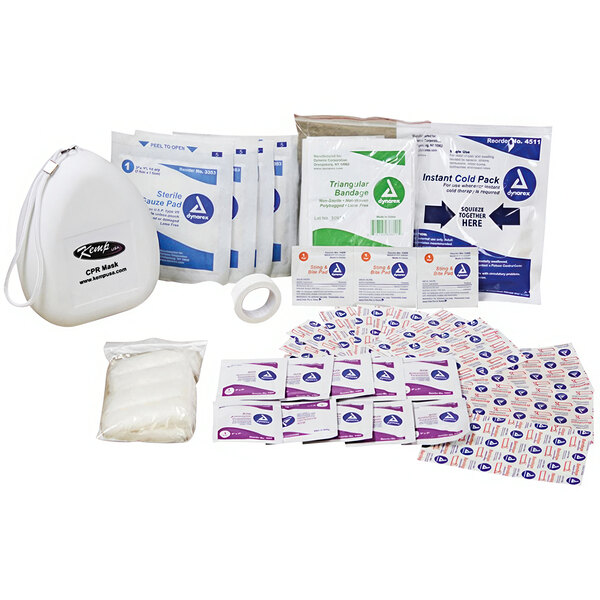 A white plastic container with a strap containing a Kemp USA first aid supply pack with bandages and other first aid supplies.