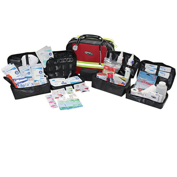 A black Kemp USA medical supply kit with various items inside.