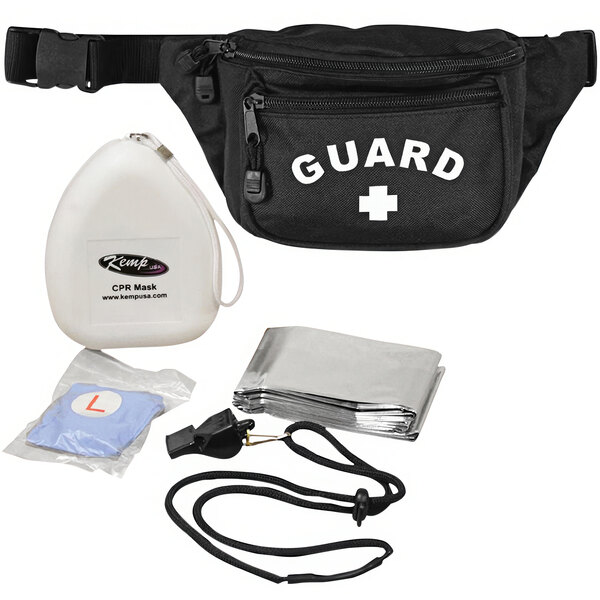 A black waist bag with white text reading "First Aid Hip Pack" containing white and silver first aid supplies.
