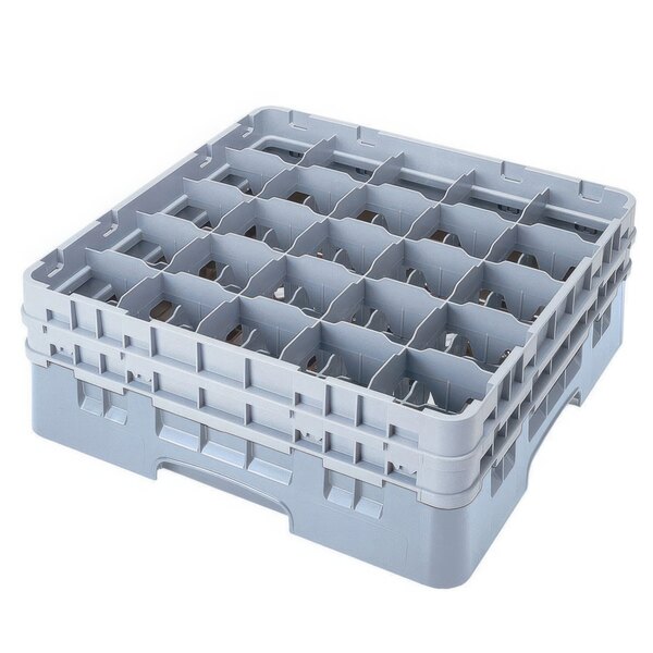 A grey plastic Cambro glass rack with 25 compartments and extenders.