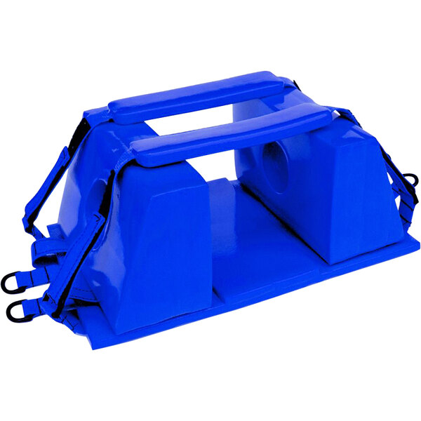 A blue plastic bag with straps.