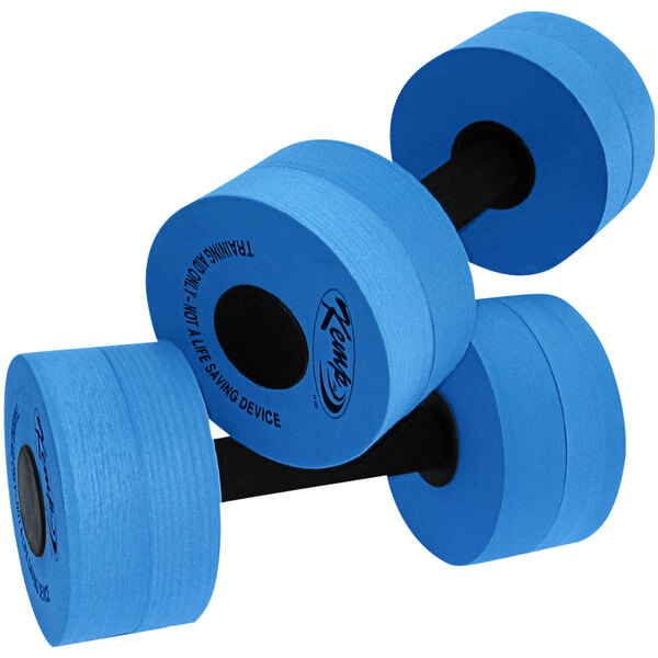 A pair of blue Kemp USA water aerobic dumbbells with black handles.