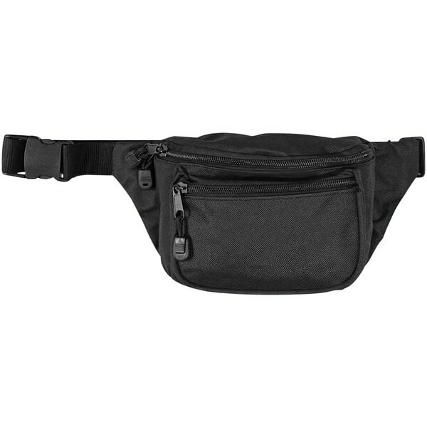 A close-up of a black Kemp USA First Aid hip pack with a zipper.