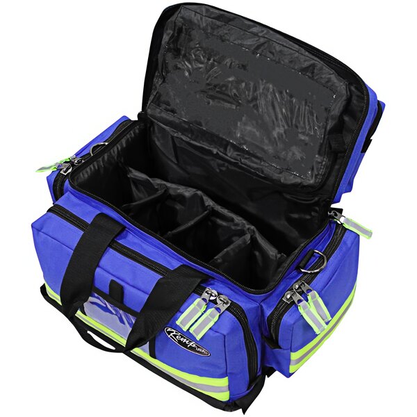 A royal blue Kemp USA professional trauma bag with black straps and zippers.