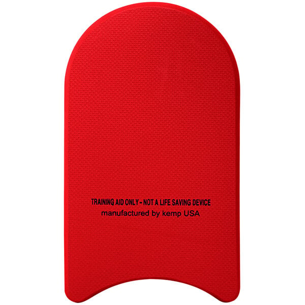 A red rubber Kemp USA swim kickboard with black text.