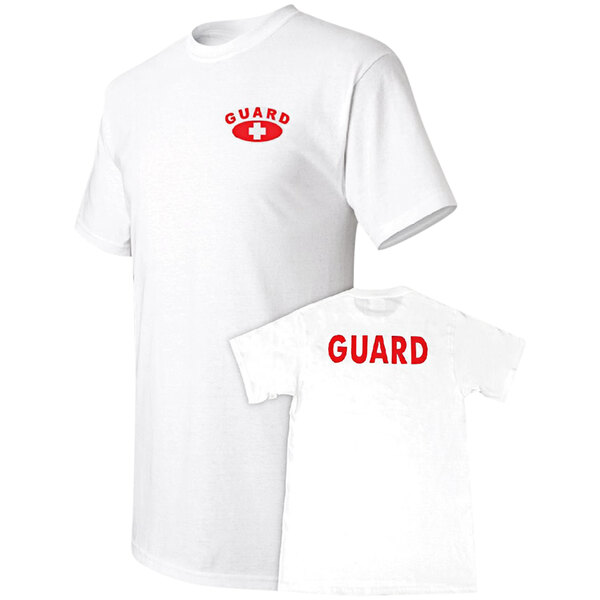 A white t-shirt with red "Guard" text on the front.