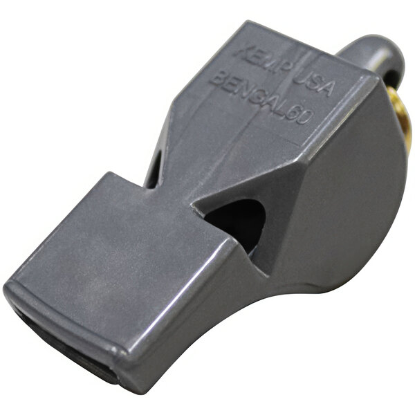 A grey whistle with a gold bell.
