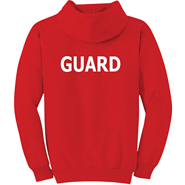 A red sweatshirt with white text reading "Guard" on the front and back.