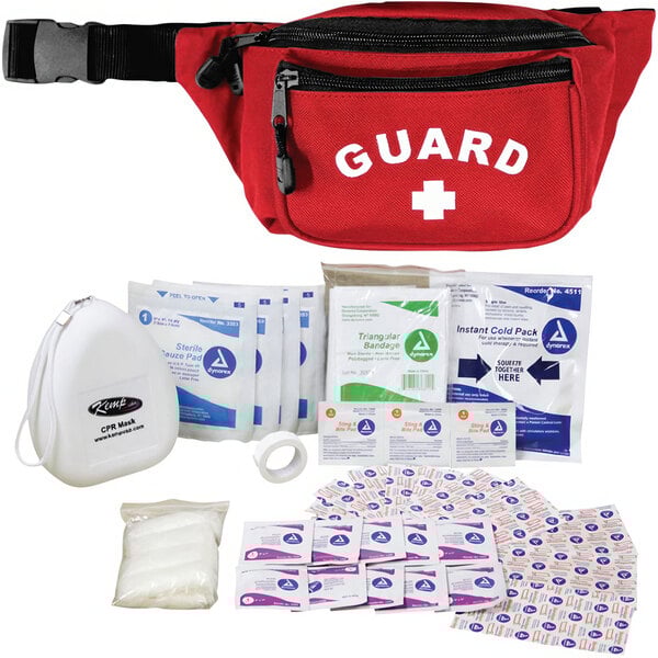 A red waist bag with first aid supplies.