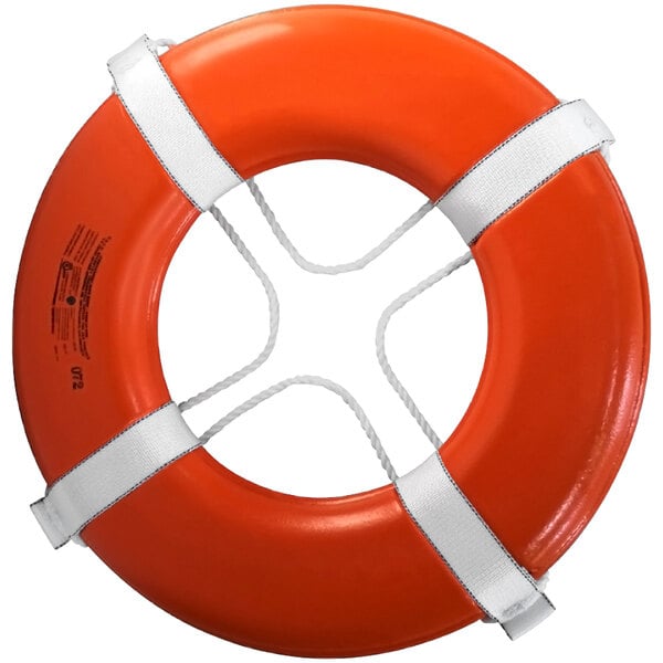An orange Kemp USA life preserver with white straps.