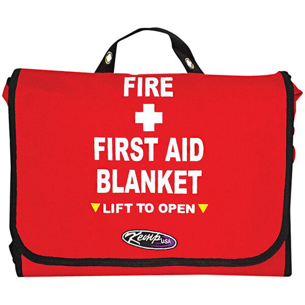 A red Kemp USA bag with white text that reads "First Aid Blanket" and "Fire First Aid" on it.