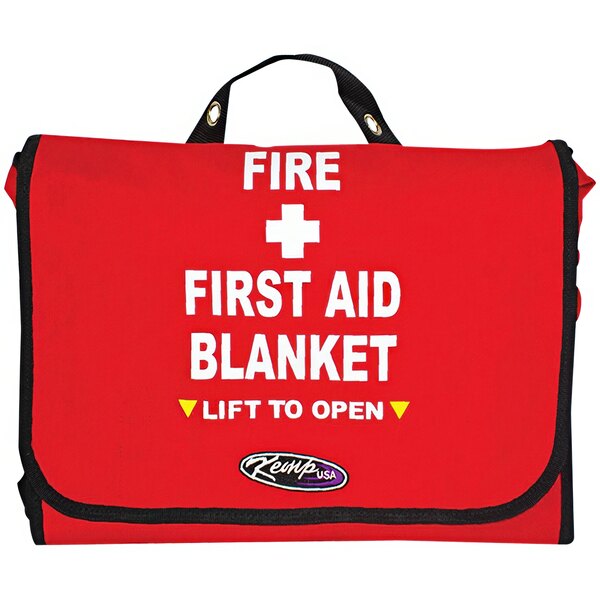 A red Kemp USA first aid bag with white text that says "First Aid Blanket" on it.