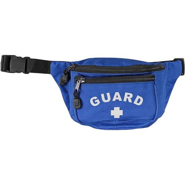 A royal blue waist bag with a white cross and the word "Guard" in white.