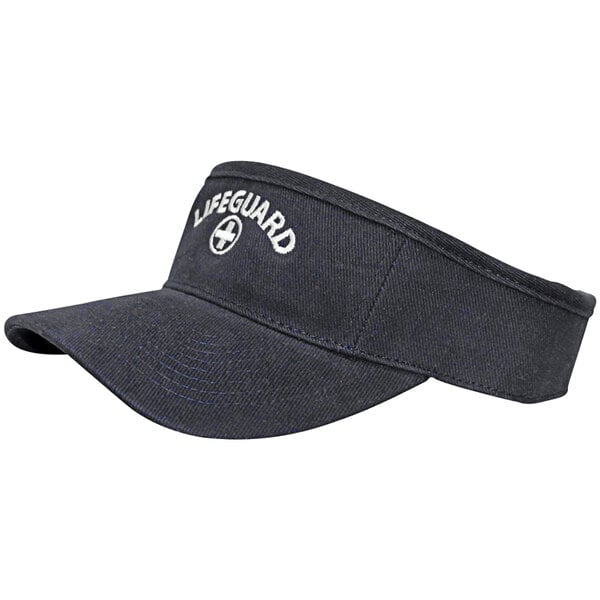 A navy visor with white text that says LIFEGUARD.