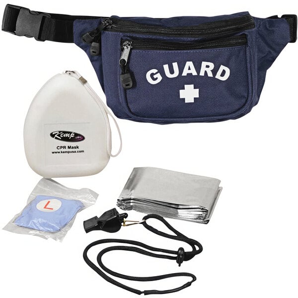 A close-up of a navy blue Kemp USA First Aid Hip Pack.