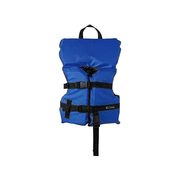 A Kemp USA blue infant life jacket with black straps.