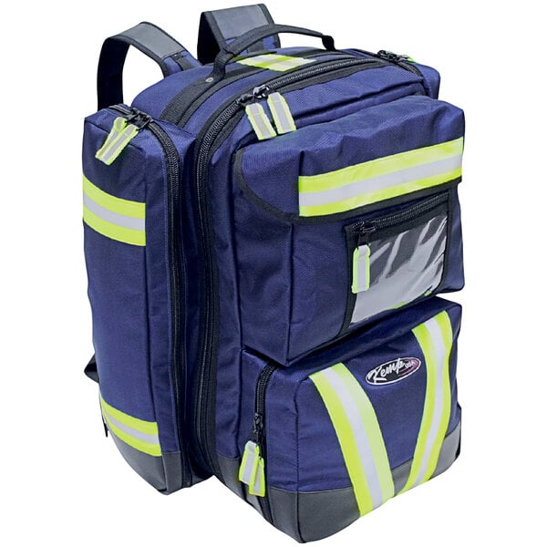 A navy blue backpack with yellow reflective stripes.