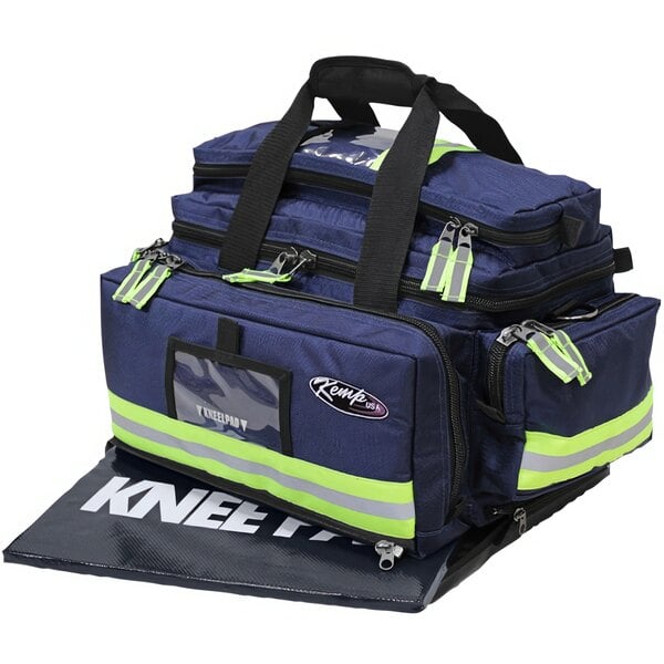 A navy blue Kemp USA professional trauma bag with a strap.