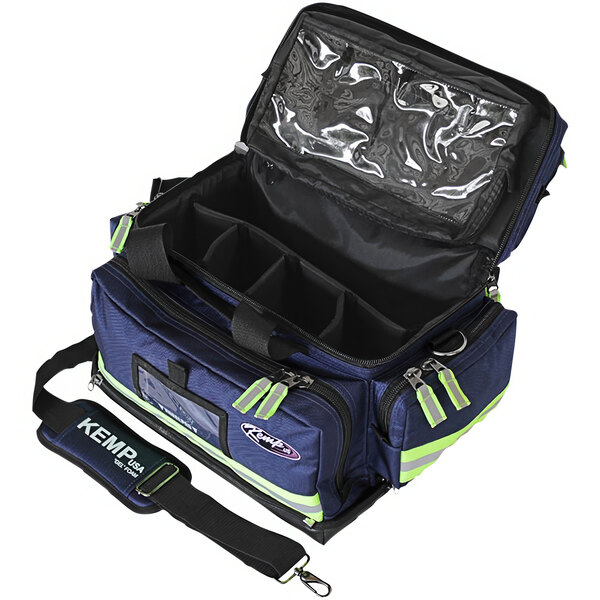 A navy blue Kemp USA premium trauma bag with zippers and straps.