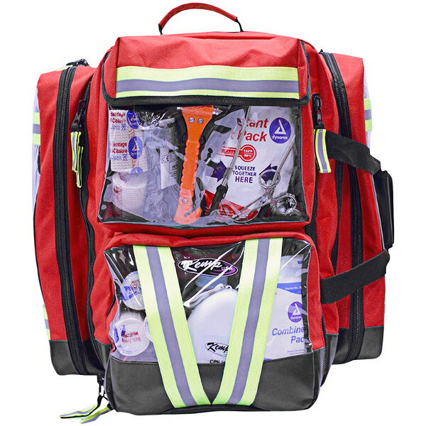 A red backpack with clear pockets and a few medical items inside.