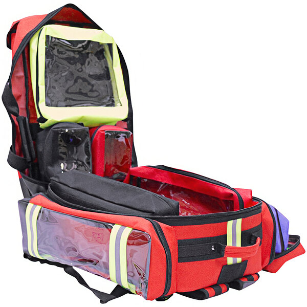 A red and black backpack with clear windows.