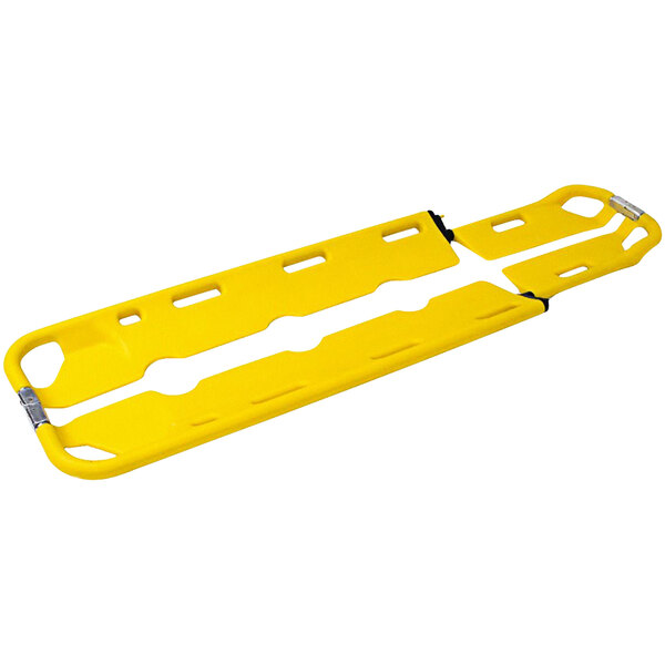 A yellow plastic Kemp USA scoop stretcher with metal handles and two holes.
