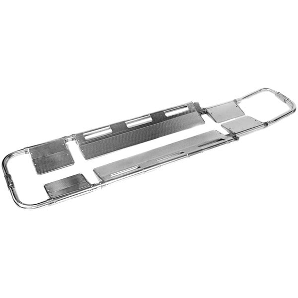 An aluminum Kemp USA scoop stretcher with metal bars and handles.