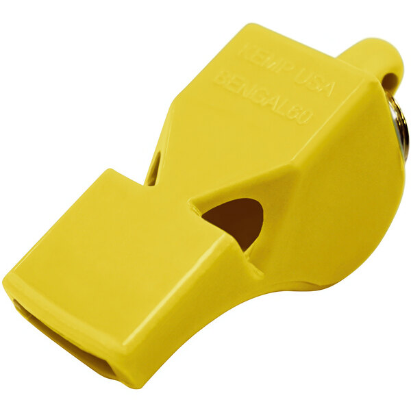 A yellow whistle with a handle on a white background.