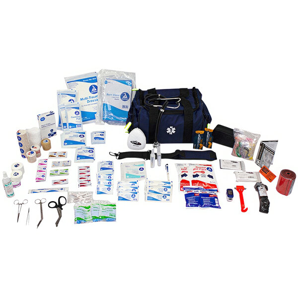 A blue Kemp USA medical bag with a 270-piece medical supply pack inside.