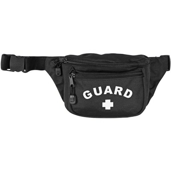 A black waist bag with white text that says "Guard" and a white cross.