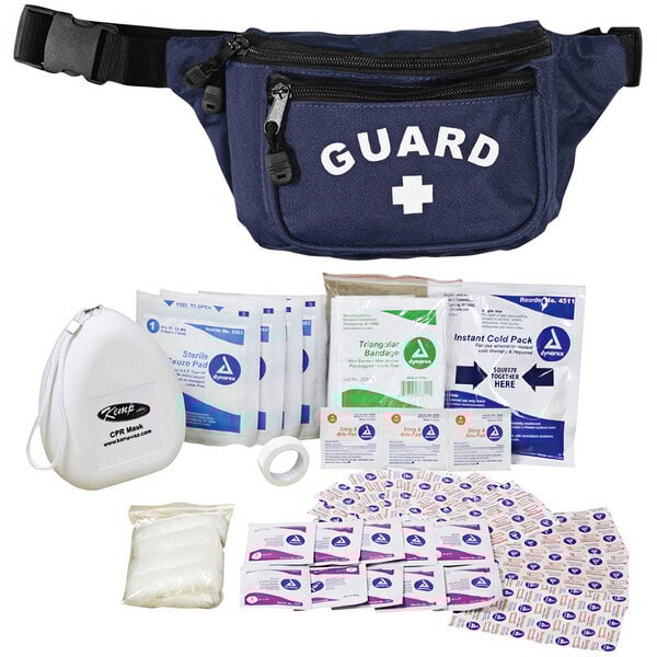 A close-up of a navy blue waist pack with a first aid kit inside.