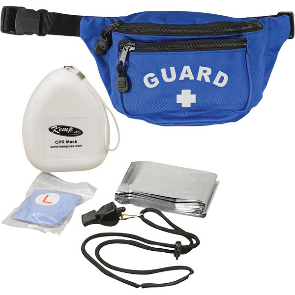 A Royal Blue waist bag with a white cross on it.
