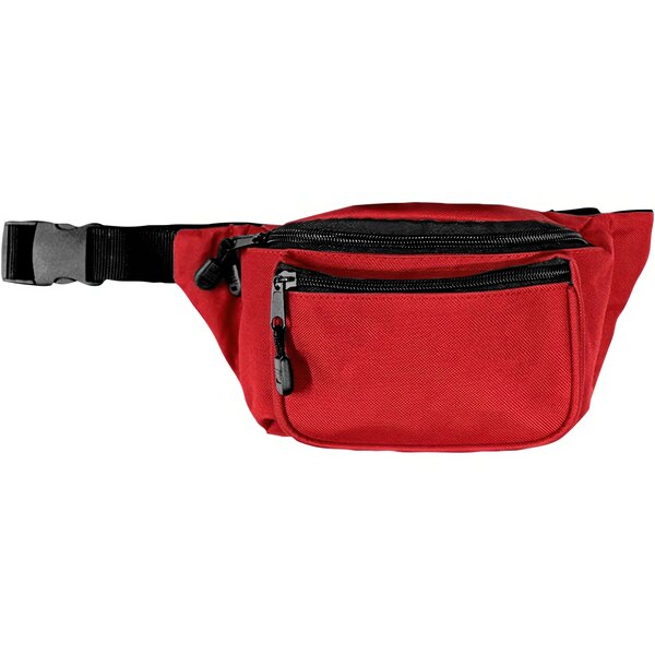 A red first aid hip pack with black zippers.
