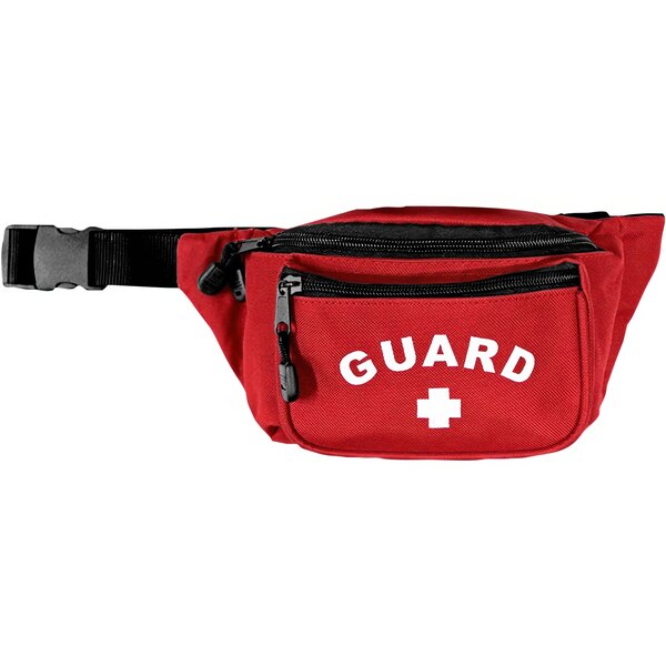 A red Kemp USA first aid hip pack with the word "guard" in white.