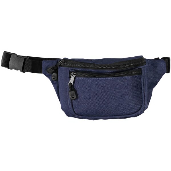 A navy blue Kemp USA First Aid hip pack with black zippers.