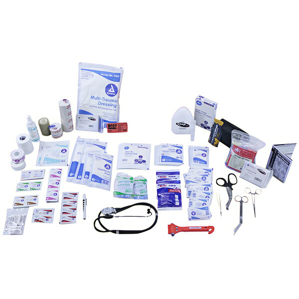A Kemp USA Medical Supply Pack A for Kemp USA EMS Gear Bags with a variety of first aid supplies including scissors.