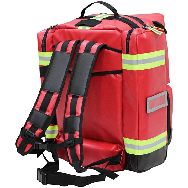 A red backpack with yellow and reflective stripes.